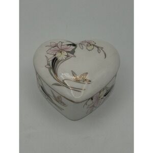 Vintage JAPAN Bone China ORCHID GARDEN BUTTERFLY Heart Shape Trinket Box & Lid